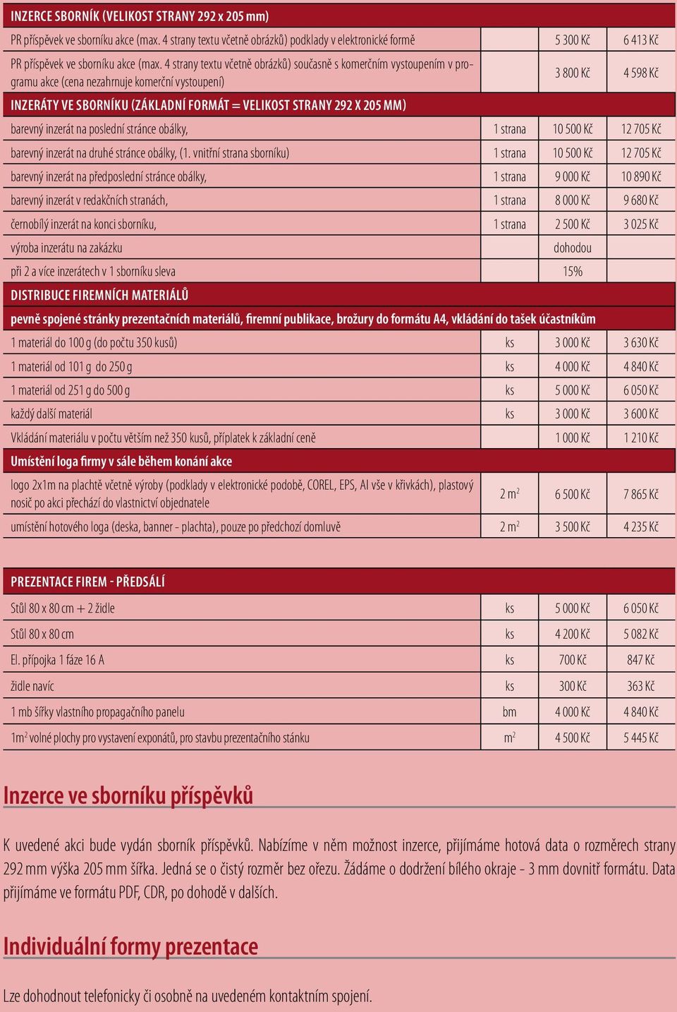 598 Kč barevný inzerát na poslední stránce obálky, 1 strana 10 500 Kč 12 705 Kč barevný inzerát na druhé stránce obálky, (1.