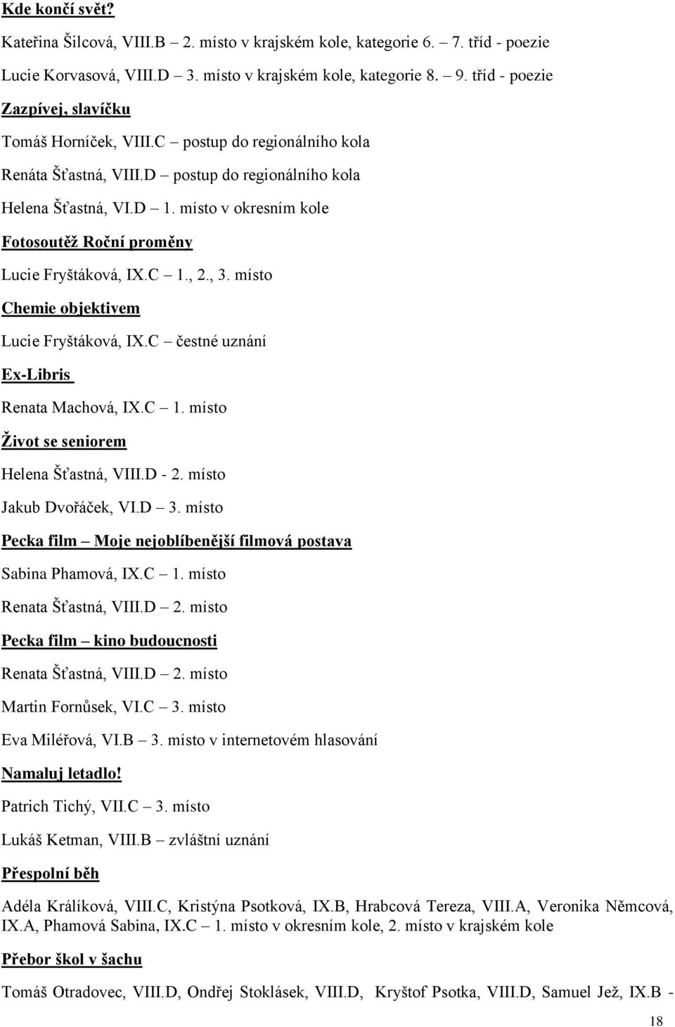 místo v okresním kole Fotosoutěţ Roční proměny Lucie Fryštáková, IX.C 1., 2., 3. místo Chemie objektivem Lucie Fryštáková, IX.C čestné uznání Ex-Libris Renata Machová, IX.C 1. místo Ţivot se seniorem Helena Šťastná, VIII.