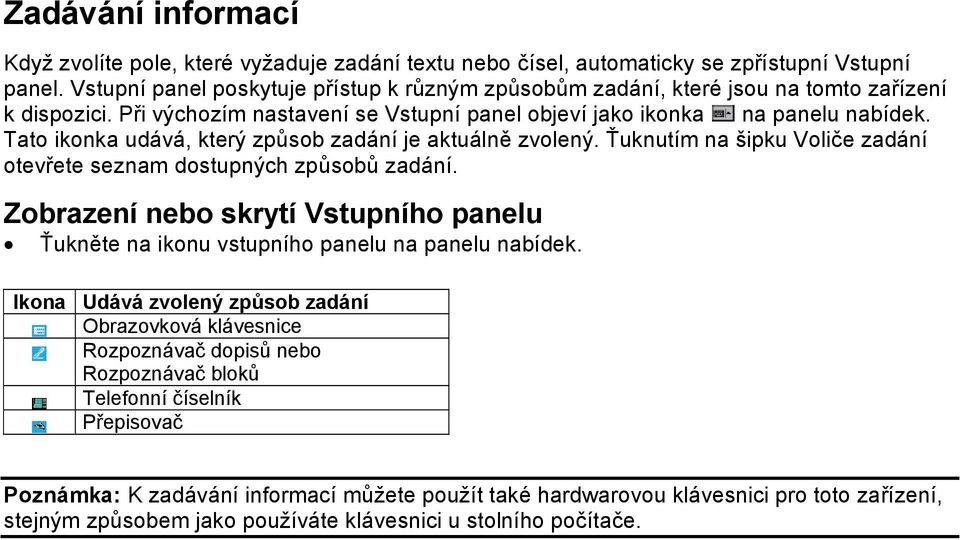 Tato ikonka udává, který způsob zadání je aktuálně zvolený. Ťuknutím na šipku Voliče zadání otevřete seznam dostupných způsobů zadání.