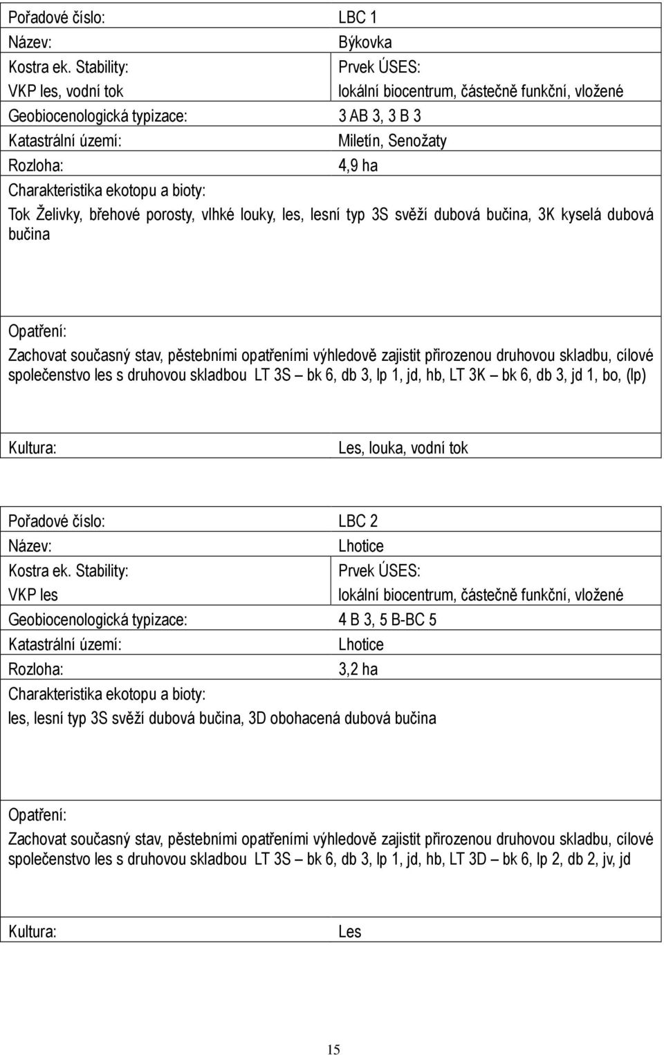 ekotopu a bioty: Tok Želivky, břehové porosty, vlhké louky, les, lesní typ 3S svěží dubová bučina, 3K kyselá dubová bučina Opatření: Zachovat současný stav, pěstebními opatřeními výhledově zajistit