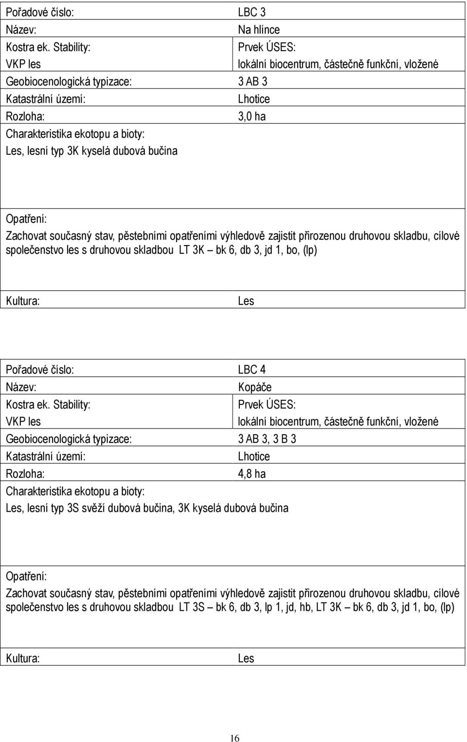 biocentrum, částečně funkční, vložené Opatření: Zachovat současný stav, pěstebními opatřeními výhledově zajistit přirozenou druhovou skladbu, cílové společenstvo les s druhovou skladbou LT 3K bk 6,