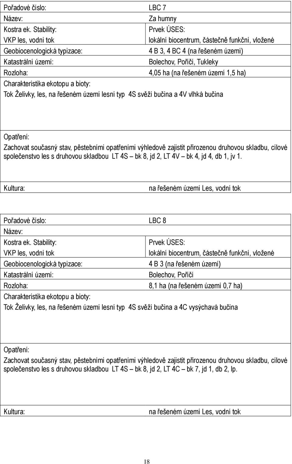 Tukleky 4,05 ha (na řešeném území 1,5 ha) Charakteristika ekotopu a bioty: Tok Želivky, les, na řešeném území lesní typ 4S svěží bučina a 4V vlhká bučina Opatření: Zachovat současný stav, pěstebními