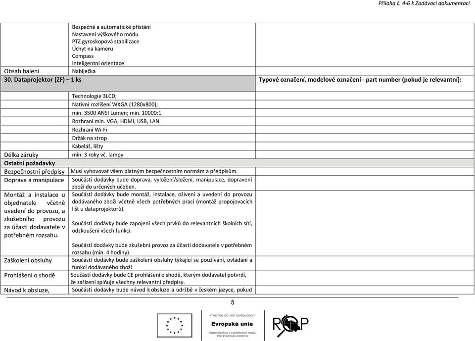 uvedení do provozu, a zkušebního provozu za účasti dodavatele v potřebném rozsahu. Zaškolení obsluhy Prohlášení o shodě Návod k obsluze, Technologie 3LCD; Nativní rozlišení WXGA (1280x800); min.