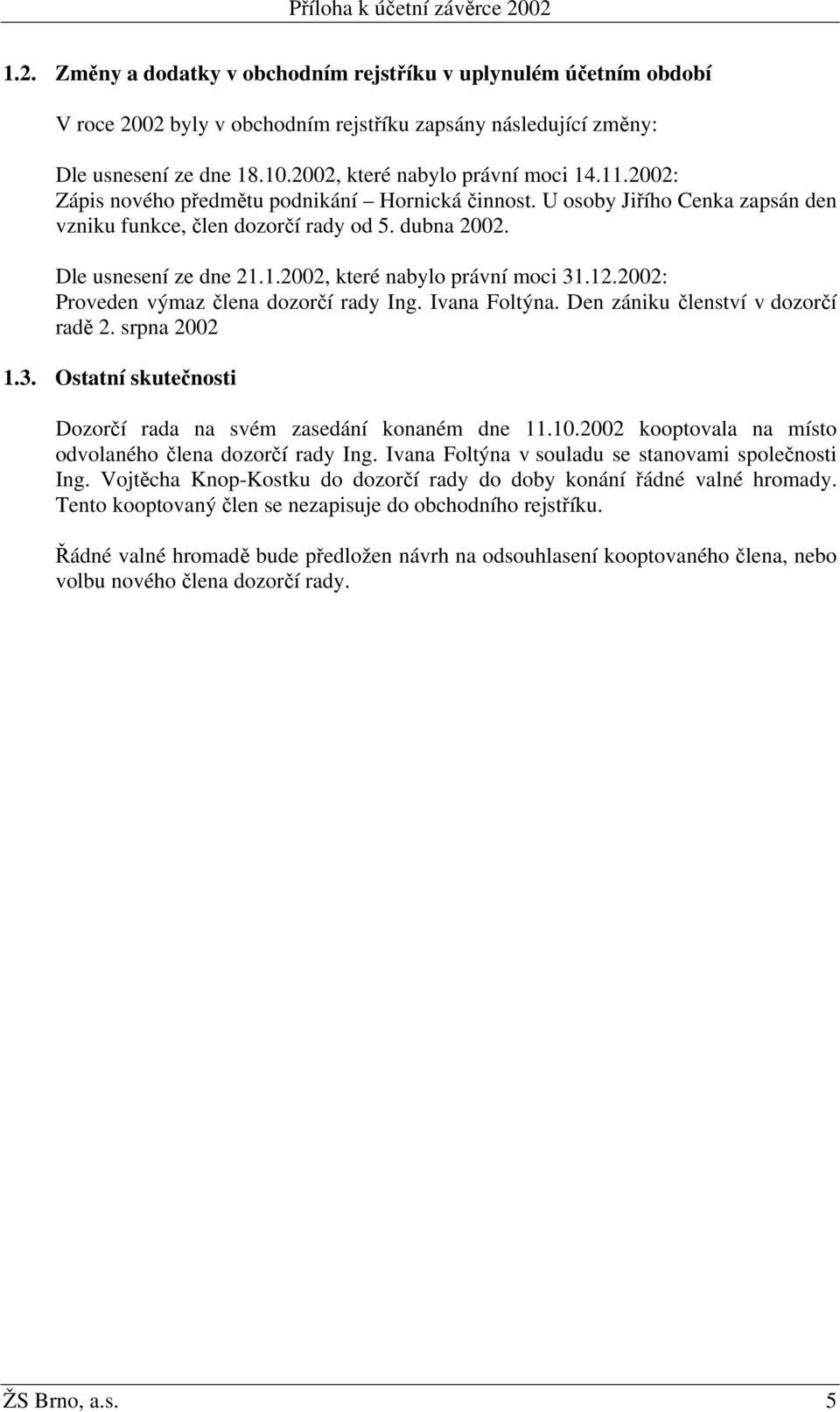 12.2002: Proveden výmaz člena dozorčí rady Ing. Ivana Foltýna. Den zániku členství v dozorčí radě 2. srpna 2002 1.3. Ostatní skutečnosti Dozorčí rada na svém zasedání konaném dne 11.10.