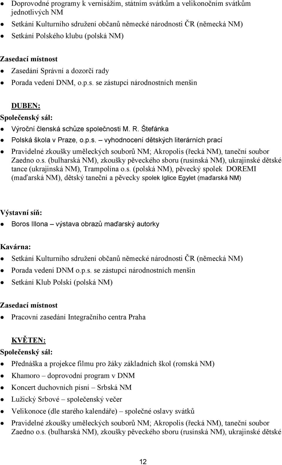 Štefánka Polská škola v Praze, o.p.s. vyhodnocení dětských literárních prací Pravidelné zkoušky uměleckých souborů NM; Akropolis (řecká NM), taneční soubor Zaedno o.s. (bulharská NM), zkoušky pěveckého sboru (rusínská NM), ukrajinské dětské tance (ukrajinská NM), Trampolína o.