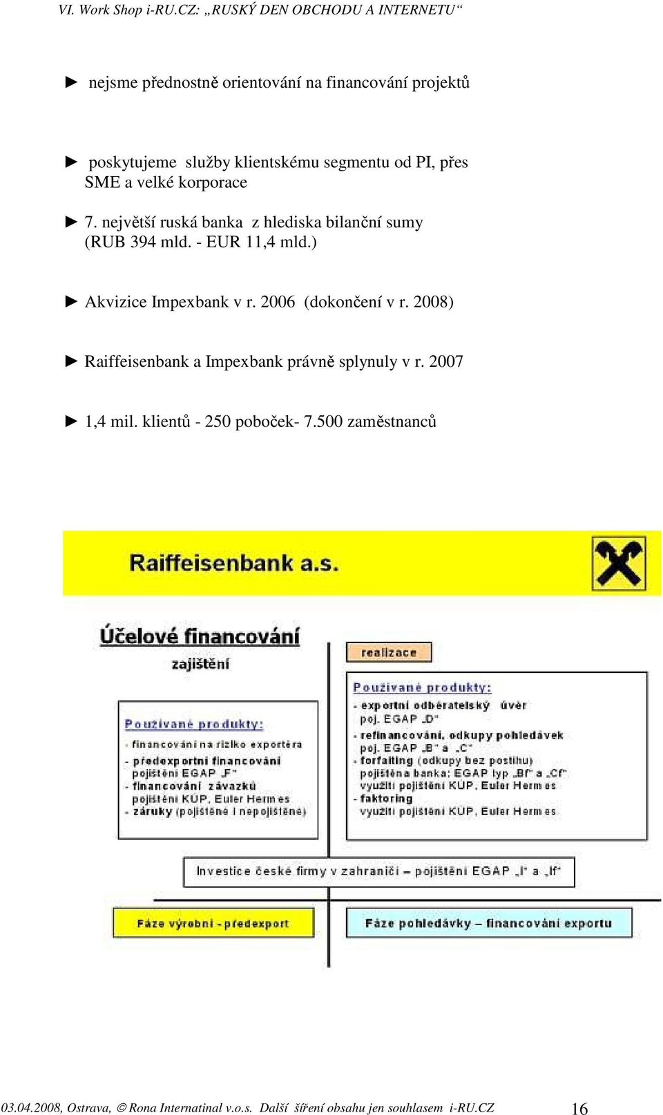 ) Akvizice Impexbank v r. 2006 (dokončení v r. 2008) Raiffeisenbank a Impexbank právně splynuly v r.