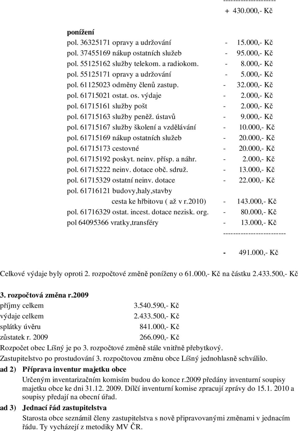 ústavů - 9.000,- Kč pol. 61715167 služby školení a vzdělávání - 10.000,- Kč pol. 61715169 nákup ostatních služeb - 20.000,- Kč pol. 61715173 cestovné - 20.000,- Kč pol. 61715192 poskyt. neinv. přísp.