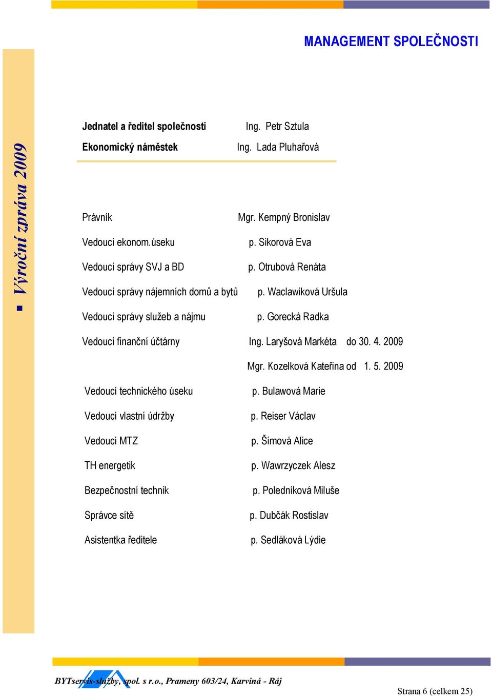 Waclawiková Uršula p. Gorecká Radka Vedoucí finanční účtárny Ing. Laryšová Markéta do 30. 4. 2009 Mgr. Kozelková Kateřina od 1. 5.