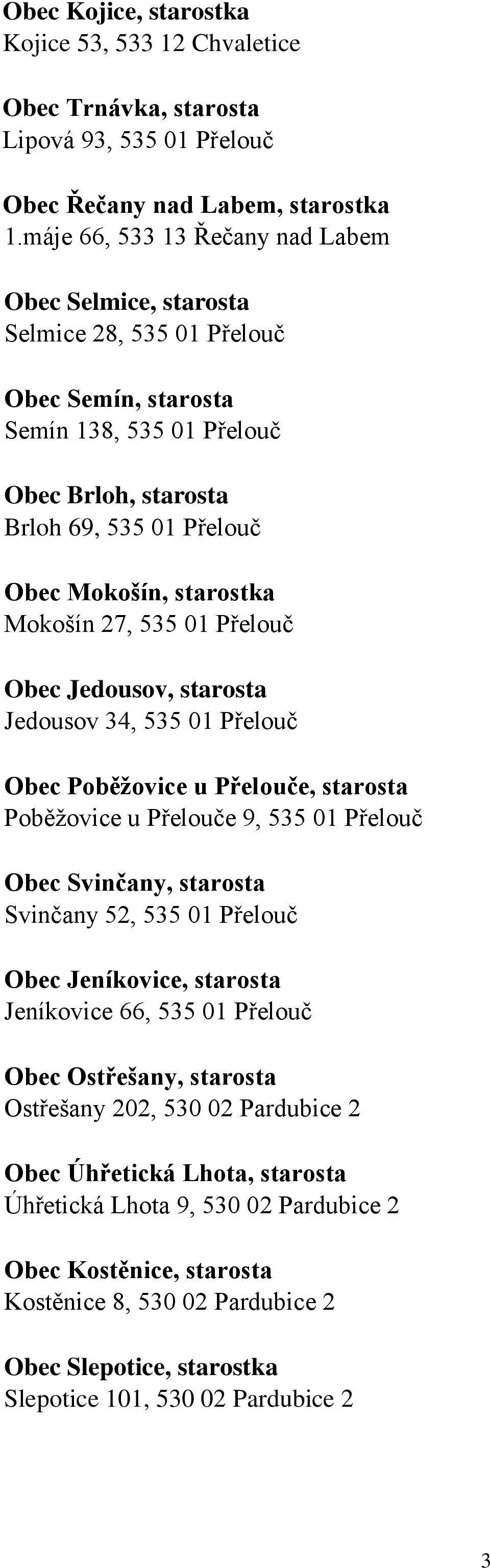 Mokošín 27, 535 01 Přelouč Obec Jedousov, starosta Jedousov 34, 535 01 Přelouč Obec Poběžovice u Přelouče, starosta Poběžovice u Přelouče 9, 535 01 Přelouč Obec Svinčany, starosta Svinčany 52, 535 01