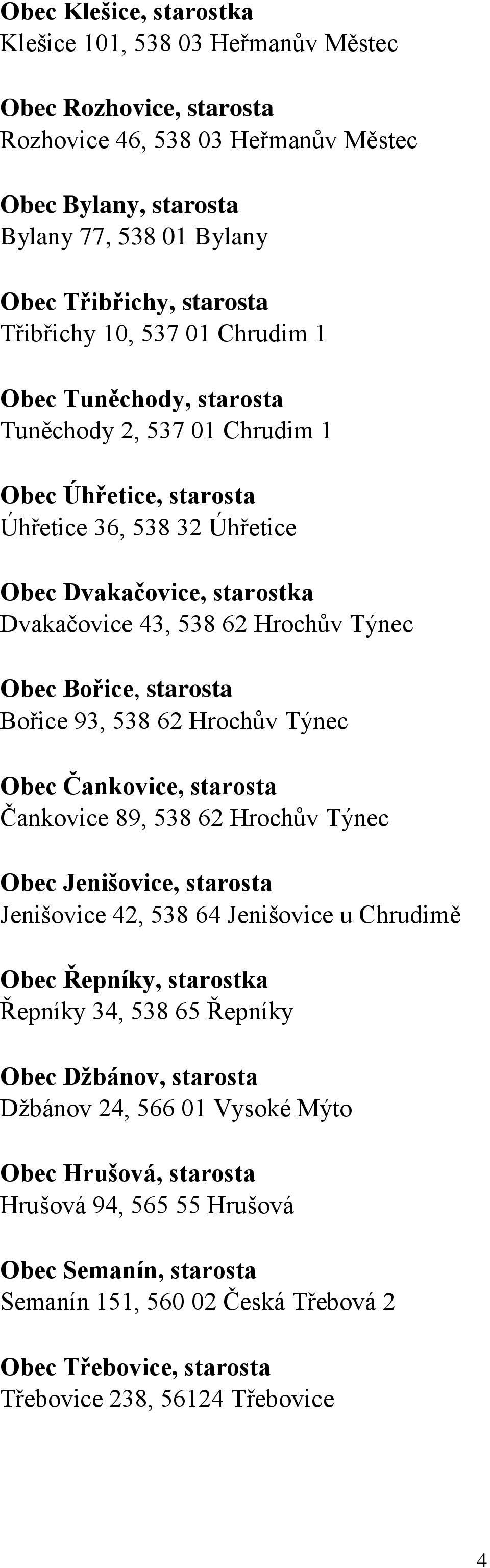 Týnec Obec Bořice, starosta Bořice 93, 538 62 Hrochův Týnec Obec Čankovice, starosta Čankovice 89, 538 62 Hrochův Týnec Obec Jenišovice, starosta Jenišovice 42, 538 64 Jenišovice u Chrudimě Obec