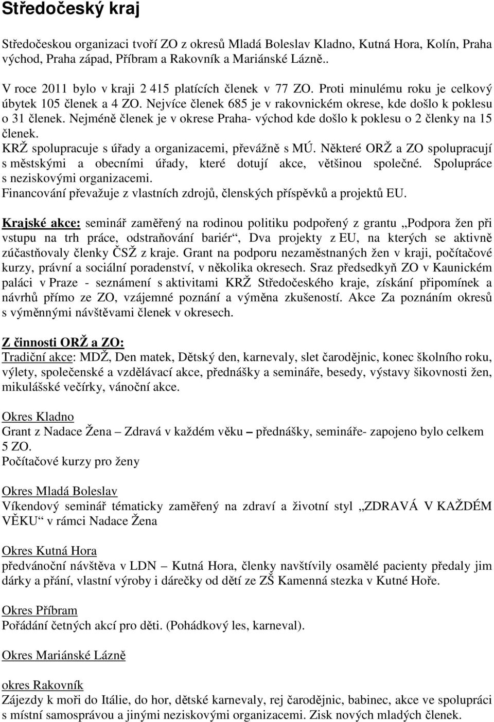 Nejméně členek je v okrese Praha- východ kde došlo k poklesu o 2 členky na 15 členek. KRŽ spolupracuje s úřady a organizacemi, převážně s MÚ.