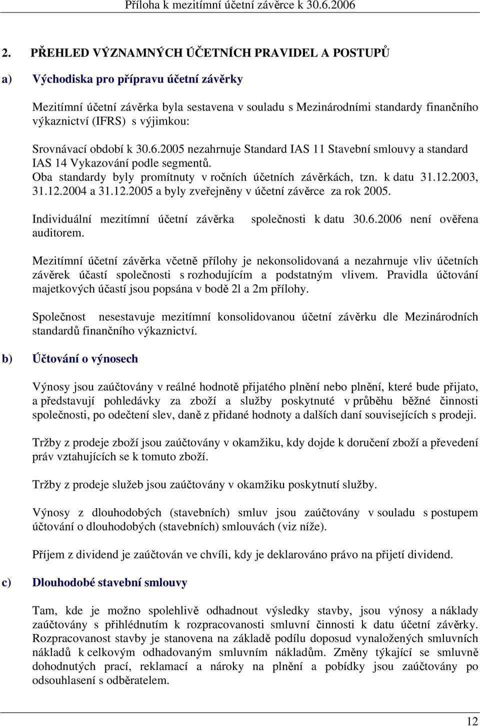 k datu 31.12.2003, 31.12.2004 a 31.12.2005 a byly zveřejněny v účetní závěrce za rok 2005. Individuální mezitímní účetní závěrka společnosti k datu 30.6.2006 není ověřena auditorem.