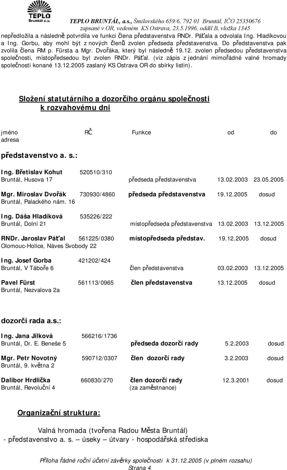 (viz zápis z jednání mimořádné valné hromady společnosti konané 13.12.2005 zaslaný KS Ostrava OR do sbírky listin).