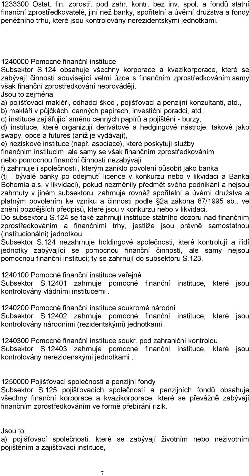 1240000 Pomocné finanční instituce Subsektor S.