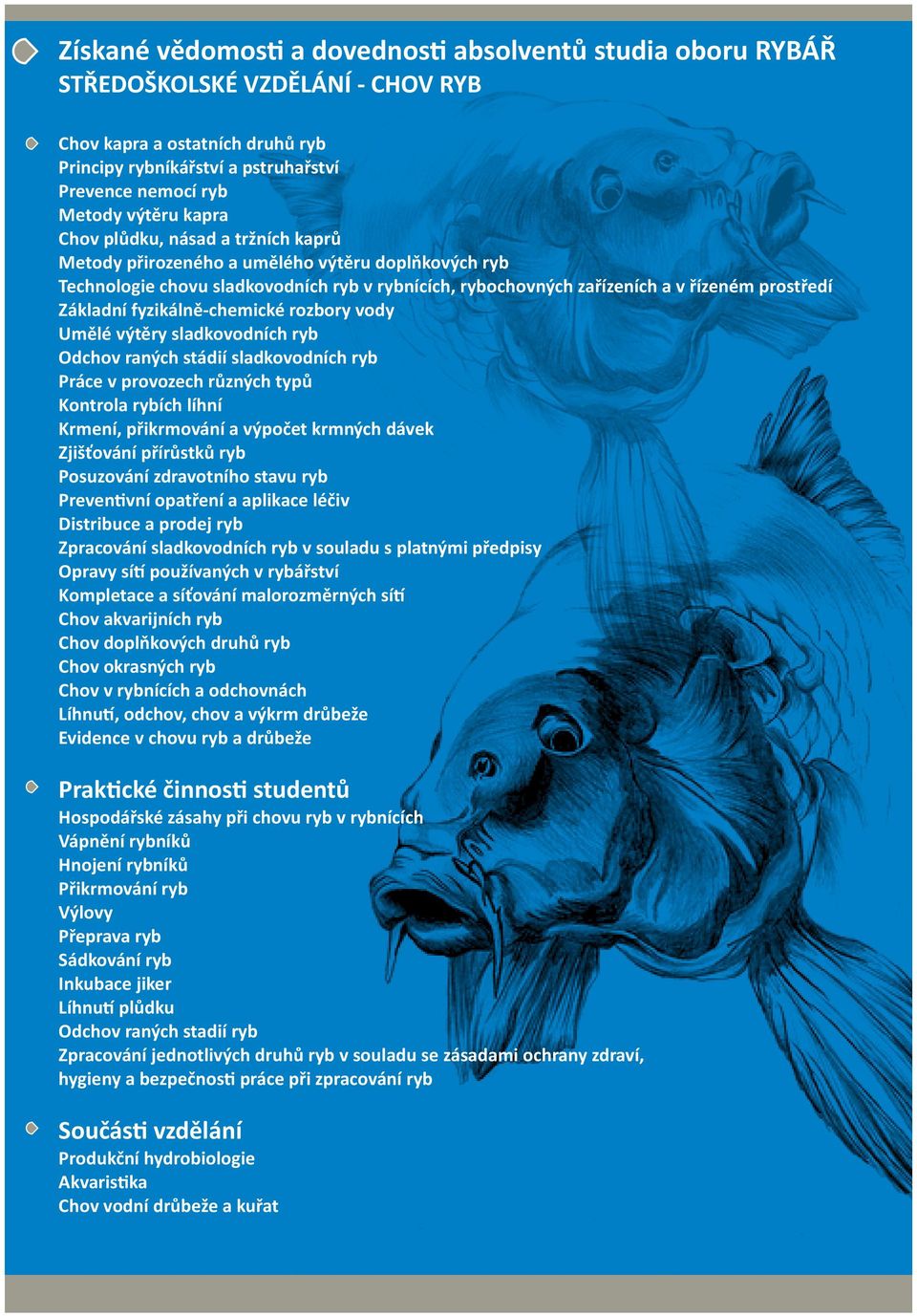 fyzikálně-chemické rozbory vody Umělé výtěry sladkovodních ryb Odchov raných stádií sladkovodních ryb Práce v provozech různých typů Kontrola rybích líhní Krmení, přikrmování a výpočet krmných dávek