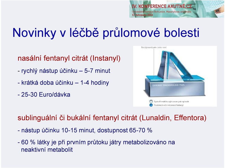 bukální fentanyl citrát (Lunaldin Lunaldin, Effentora) - nástup účinku 10-15 15 minut,