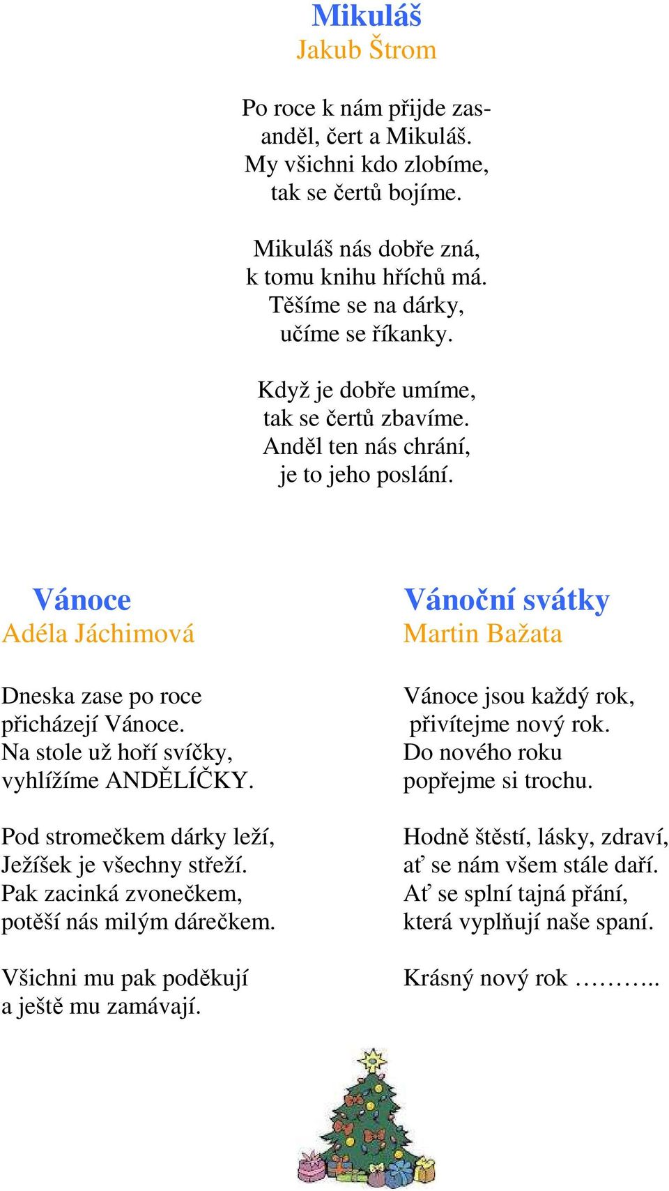 Na stole už hoří svíčky, vyhlížíme ANDĚLÍČKY. Pod stromečkem dárky leží, Ježíšek je všechny střeží. Pak zacinká zvonečkem, potěší nás milým dárečkem.