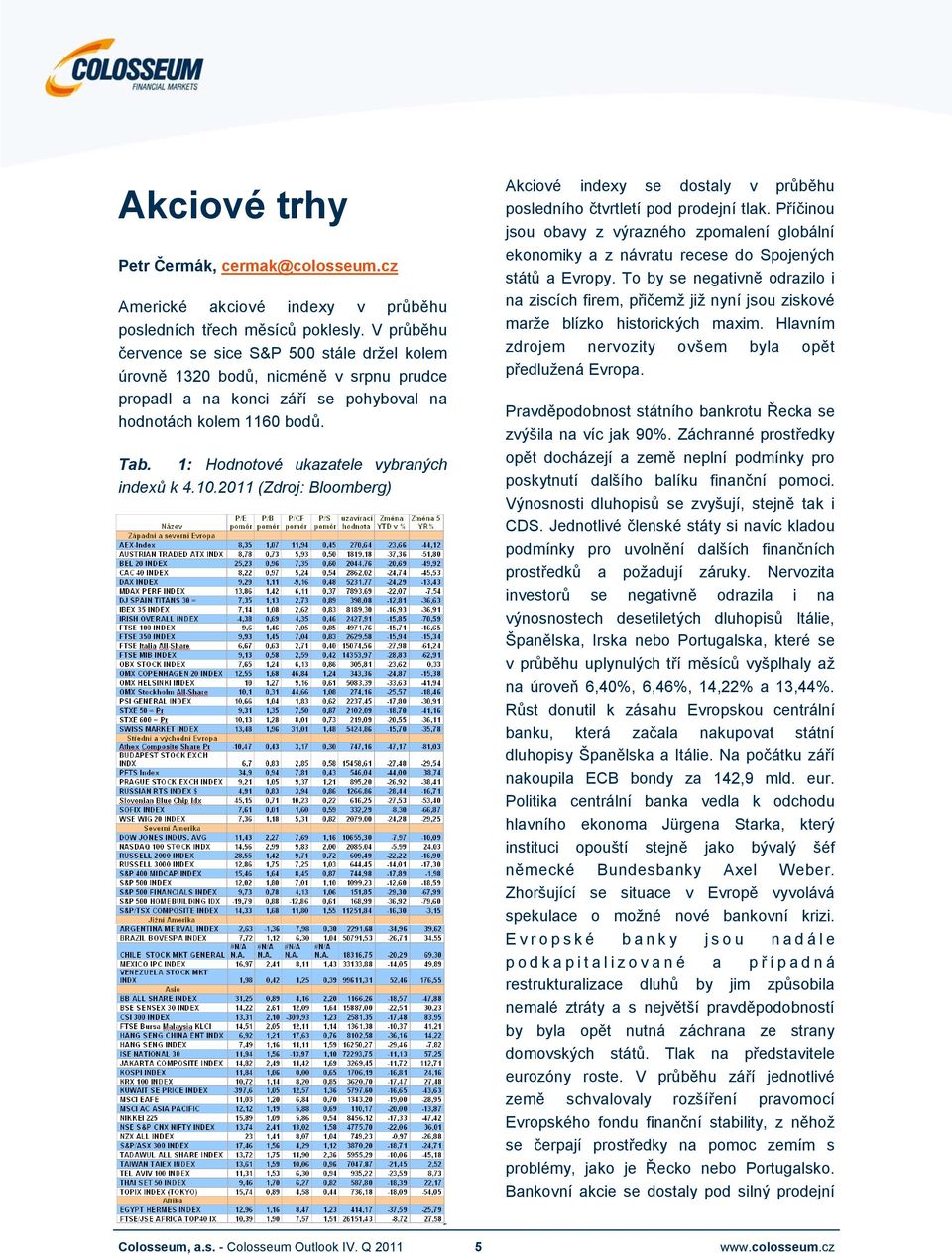 1: Hodnotové ukazatele vybraných indexů k 4.1.211 (Zdroj: Bloomberg) Akciové indexy se dostaly v průběhu posledního čtvrtletí pod prodejní tlak.