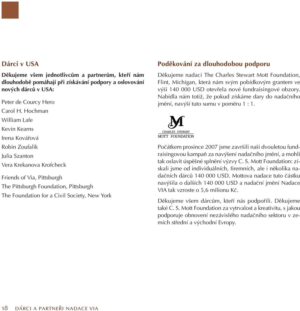 Society, New York Podûkování za dlouhodobou podporu Dûkujeme nadaci The Charles Stewart Mott Foundation, Flint, Michigan, která nám sv m pobídkov m grantem ve v i 140 000 USD otevfiela nové