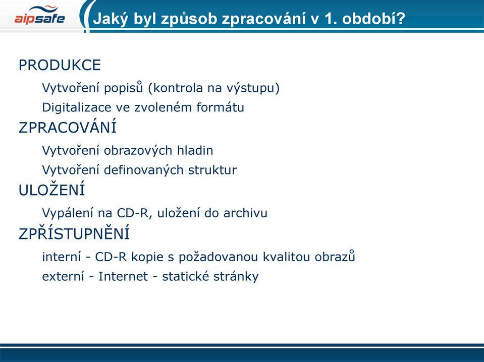 ZPRACOVÁNÍ Vytvoření obrazových hladin Vytvoření definovaných struktur ULOŽENÍ