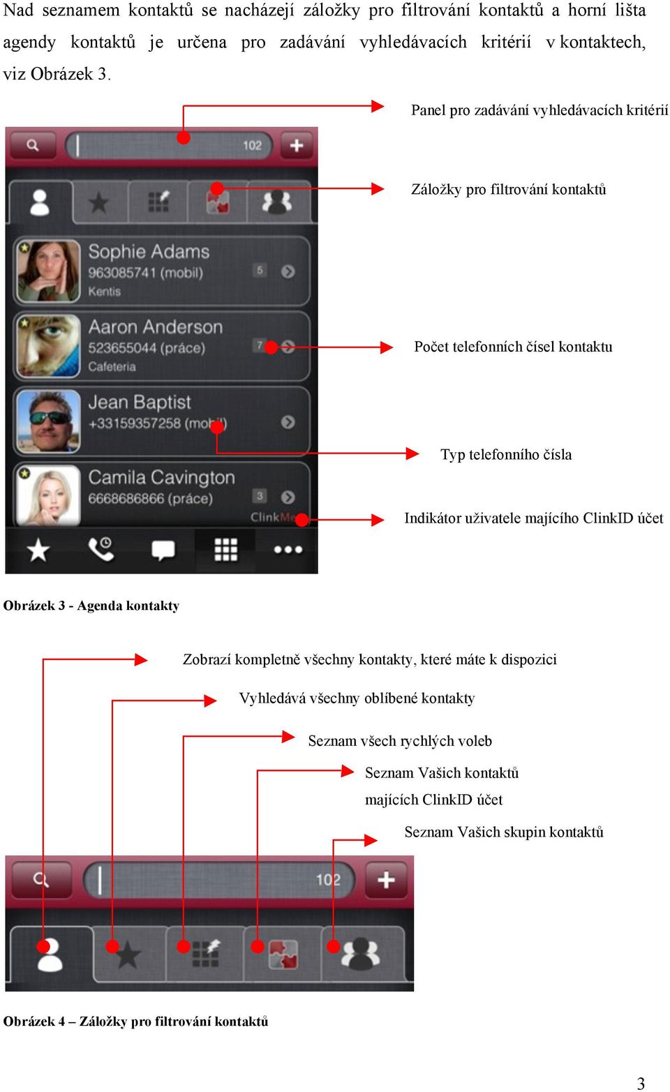 Panel pro zadávání vyhledávacích kritérií Záložky pro filtrování kontaktů Počet telefonních čísel kontaktu Typ telefonního čísla Indikátor uživatele