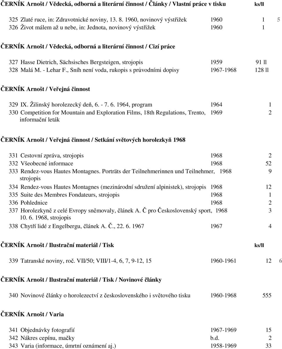 Bergsteigen, strojopis 1959 91 ll 328 Malá M. - Lehar F., Sníh není voda, rukopis s průvodními dopisy 1967-1968 128 ll ČERNÍK Arnošt / Veřejná činnost 329 IX. Žilinský horolezecký deň, 6.