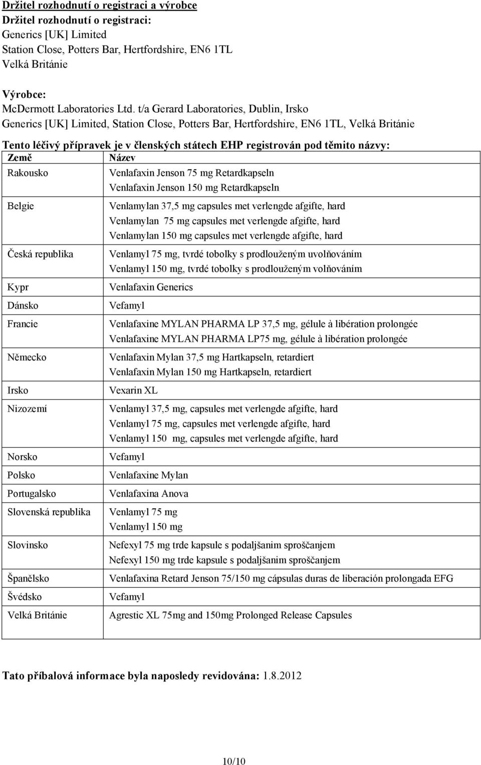 těmito názvy: Země Název Rakousko Venlafaxin Jenson 75 mg Retardkapseln Venlafaxin Jenson 150 mg Retardkapseln Belgie Česká republika Kypr Dánsko Francie Německo Irsko Nizozemí Norsko Polsko