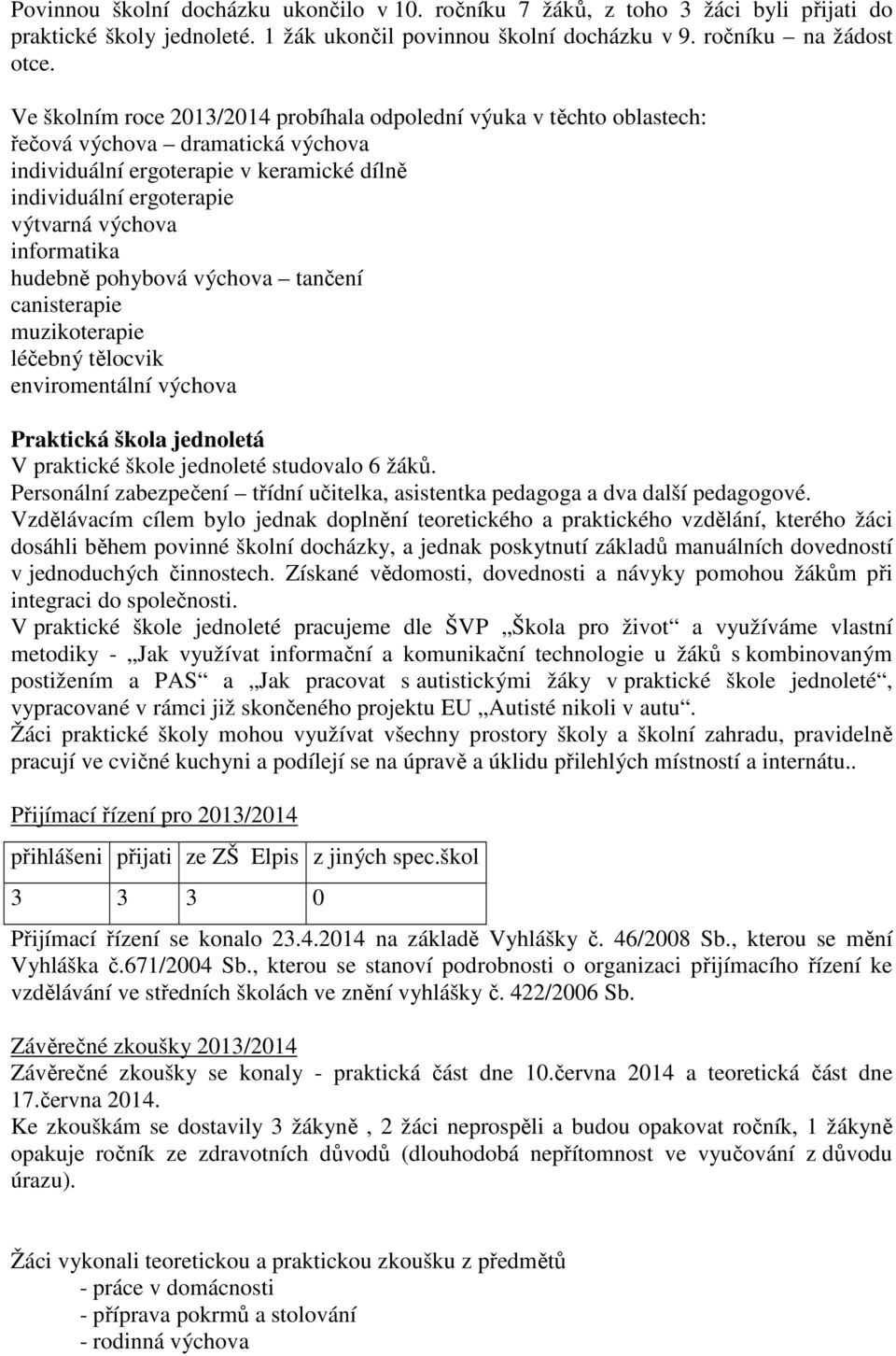 informatika hudebně pohybová výchova tančení canisterapie muzikoterapie léčebný tělocvik enviromentální výchova Praktická škola jednoletá V praktické škole jednoleté studovalo 6 žáků.