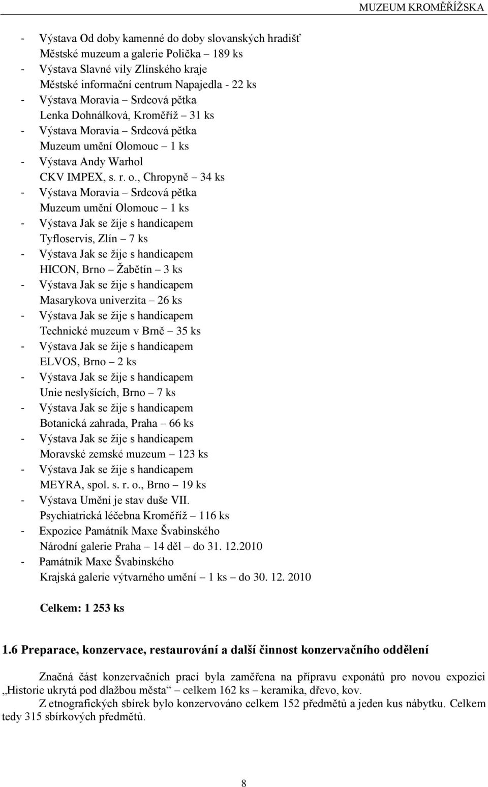 , Chropyně 34 ks - Výstava Moravia Srdcová pětka Muzeum umění Olomouc 1 ks - Výstava Jak se ţije s handicapem Tyfloservis, Zlín 7 ks - Výstava Jak se ţije s handicapem HICON, Brno Ţabětín 3 ks -