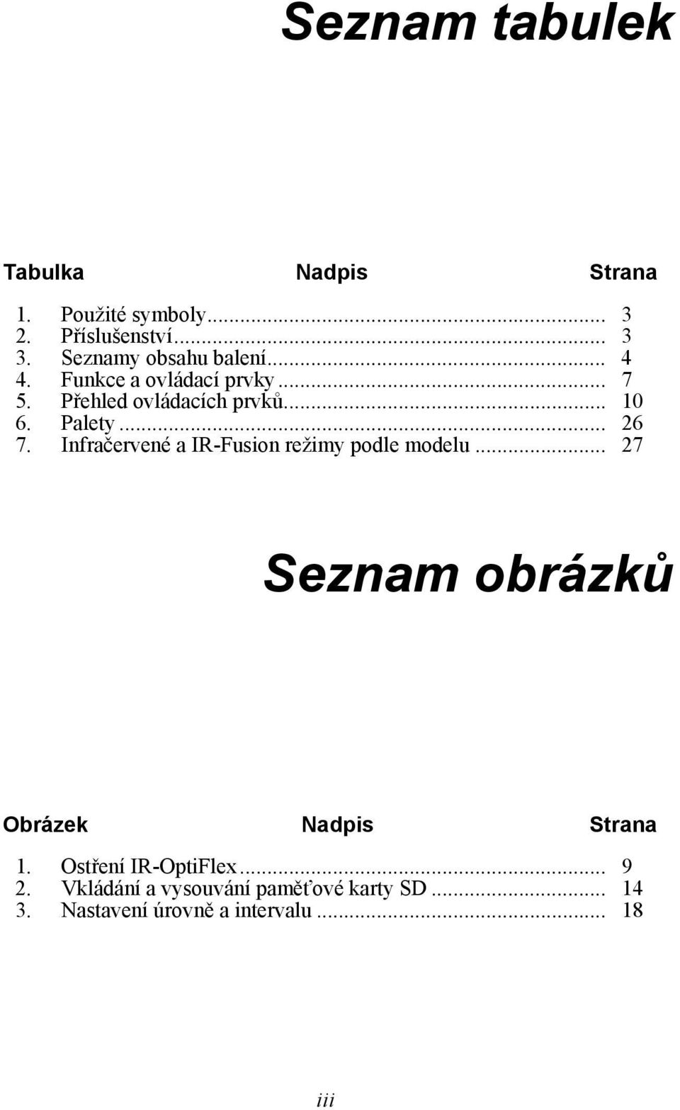 Palety... 26 7. Infračervené a IR-Fusion režimy podle modelu.