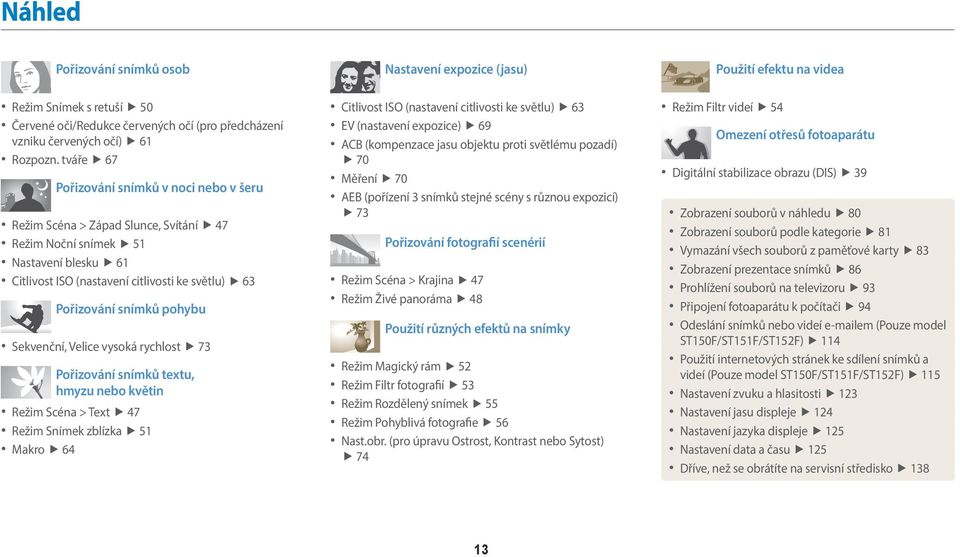 pohybu Sekvenční, Velice vysoká rychlost 73 Pořizování snímků textu, hmyzu nebo květin Režim Scéna > Text 47 Režim Snímek zblízka 51 Makro 64 Citlivost ISO (nastavení citlivosti ke světlu) 63 EV