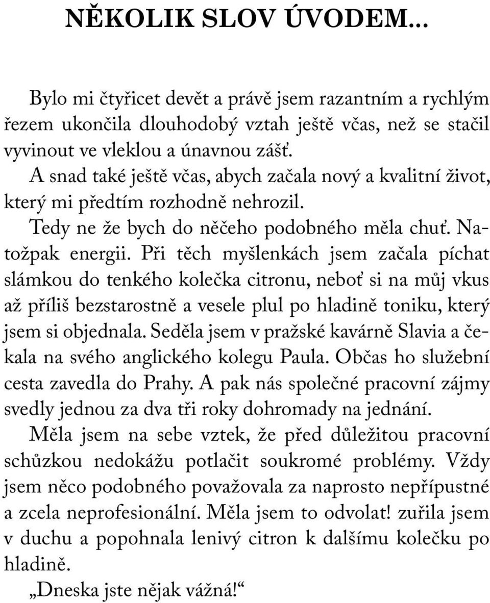 Při těch myšlenkách jsem začala píchat slámkou do tenkého kolečka citronu, neboť si na můj vkus až příliš bezstarostně a vesele plul po hladině toniku, který jsem si objednala.