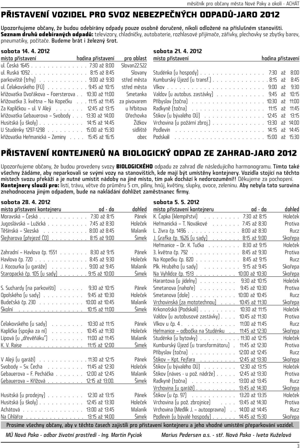 sobota 14. 4. 2012 místo přistavení hodina přistavení pro oblast ul. Česká 1645.............. 7:30 až 8:00 Slovan22.522 ul. Ruská 1092.............. 8:15 až 8:45 Slovany parkoviště (trhy).