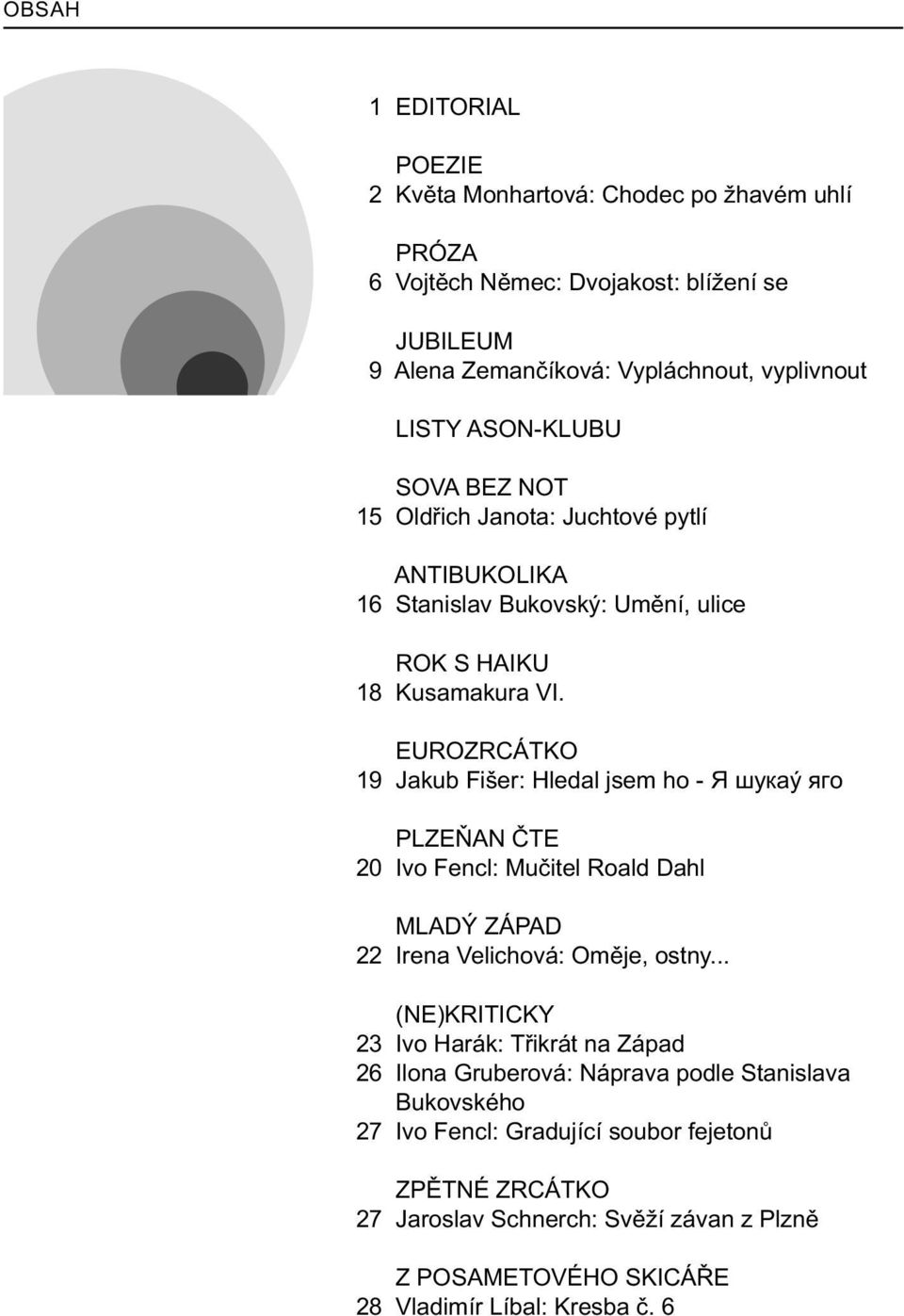 EUROZRCÁTKO 19 Jakub Fišer: Hledal jsem ho - ß øóêàý ÿãî PLZEÒAN ÈTE 20 Ivo Fencl: Muèitel Roald Dahl MLADÝ ZÁPAD 22 Irena Velichová: Omìje, ostny.