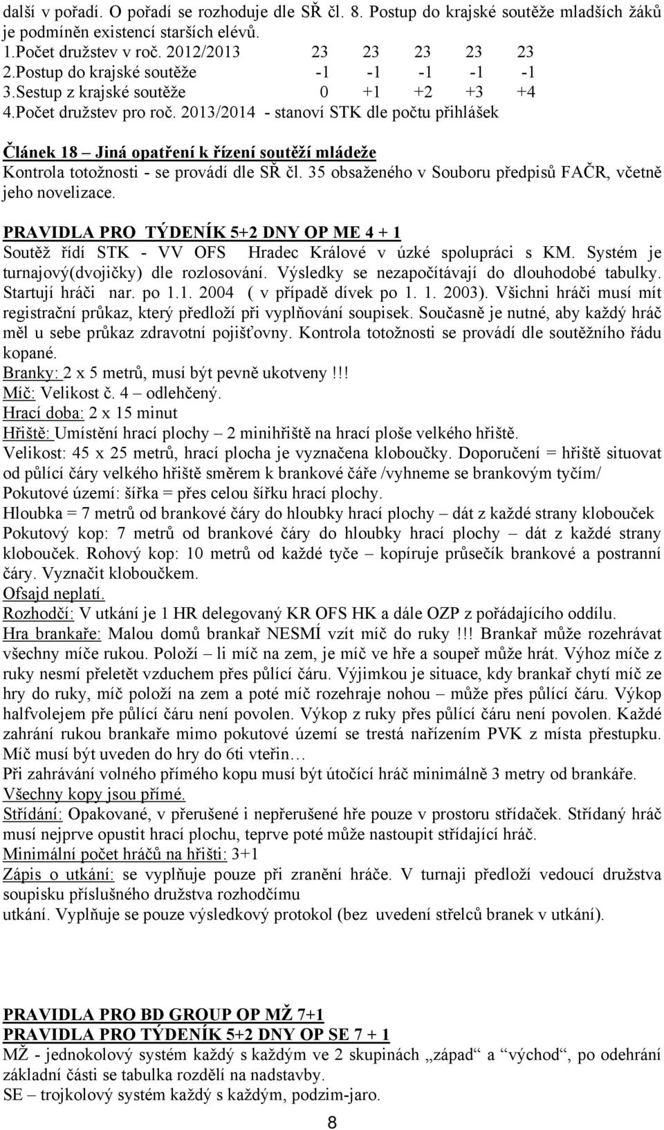 2013/2014 - stanoví STK dle počtu přihlášek Článek 18 Jiná opatření k řízení soutěží mládeže Kontrola totožnosti - se provádí dle SŘ čl. 35 obsaženého v Souboru předpisů FAČR, včetně jeho novelizace.