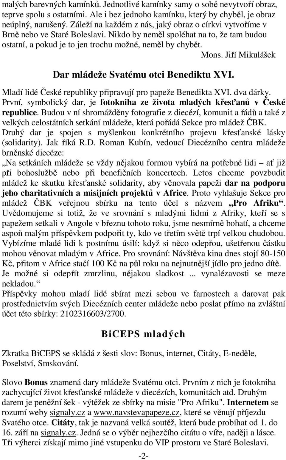 Jiří Mikulášek Dar mládeže Svatému otci Benediktu XVI. Mladí lidé České republiky připravují pro papeže Benedikta XVI. dva dárky.