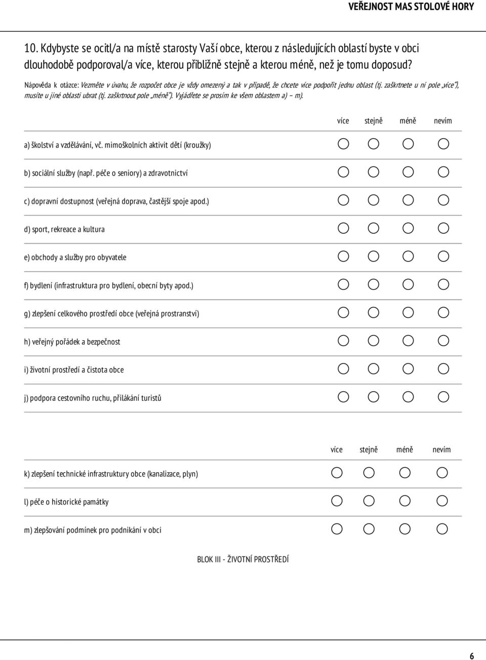 zaškrtnout pole méně ). Vyjádřete se prosím ke všem oblastem a) m). více stejně méně nevím a) školství a vzdělávání, vč. mimoškolních aktivit dětí (kroužky) b) sociální služby (např.
