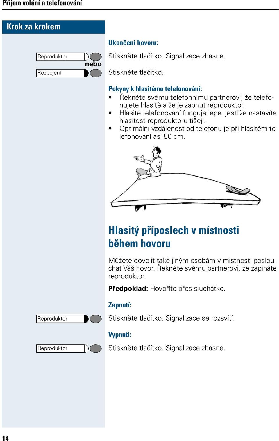 Hlasité telefonování funguje lépe, jestliže nastavíte hlasitost reproduktoru tišeji. Optimální vzdálenost od telefonu je při hlasitém telefonování asi 50 cm.