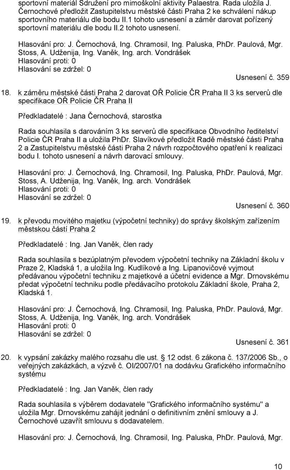 Vaněk, Ing. arch. Vondrášek Hlasování proti: 0 Hlasování se zdržel: 0 Usnesení č. 359 18.