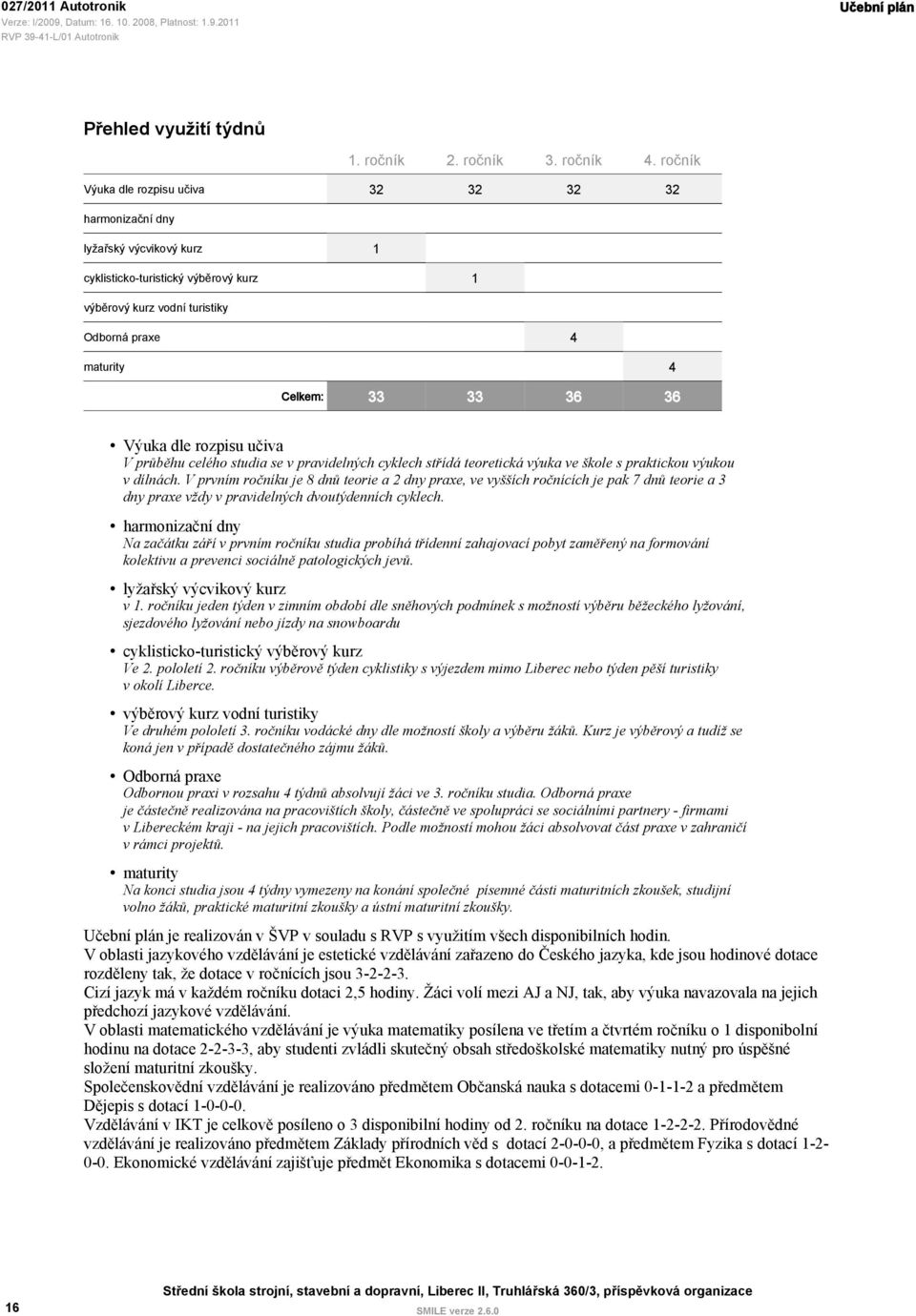 33 36 36 Výuka dle rozpisu učiva V průběhu celého studia se v pravidelných cyklech střídá teoretická výuka ve škole s praktickou výukou v dílnách.