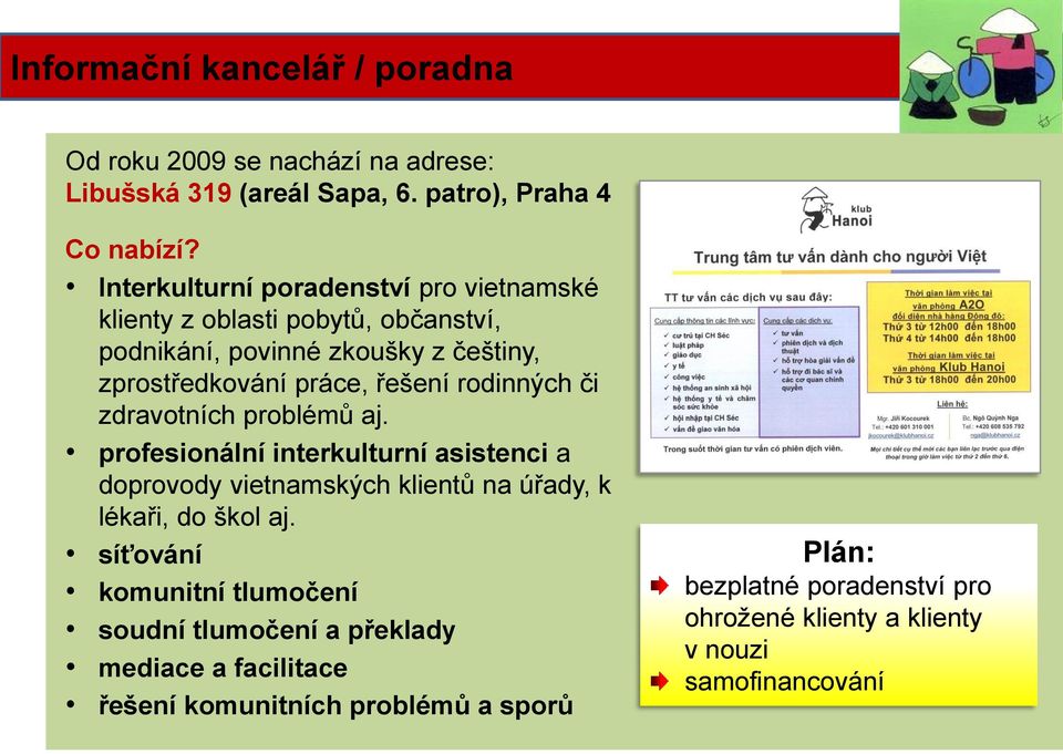 rodinných či zdravotních problémů aj. profesionální interkulturní asistenci a doprovody vietnamských klientů na úřady, k lékaři, do škol aj.