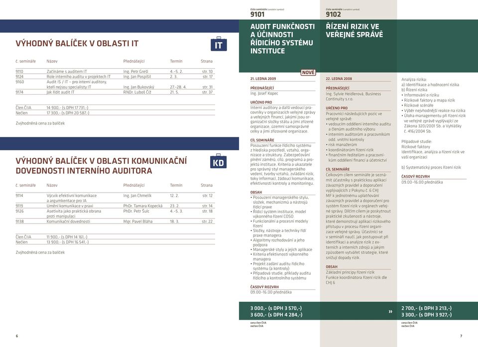 Jan Bukovský 27. 28. 4. str. 31 9174 Jak řídit audit IT RNDr. Luboš Číž 21. 5. str. 37 Člen ČIIA 14 900,- (s DPH 17 731,-) Nečlen 17 300,- (s DPH 20 587,-) Zvýhodněná cena za balíček VÝHODNÝ BALÍČEK V OBLASTI KOMUNIKAČNÍ DOVEDNOSTI INTERNÍHO AUDITORA č.