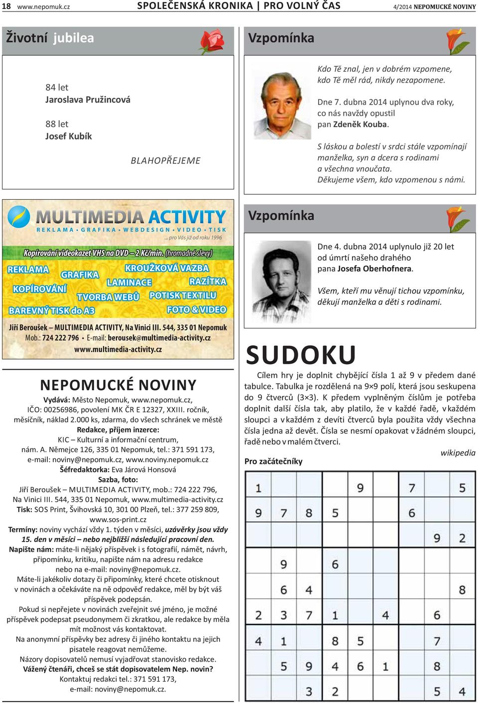 Dne 7. dubna 2014 uplynou dva roky, co nás navždy opustil pan Zdeněk Kouba. S láskou a bolestí v srdci stále vzpomínají manželka, syn a dcera s rodinami a všechna vnoučata.