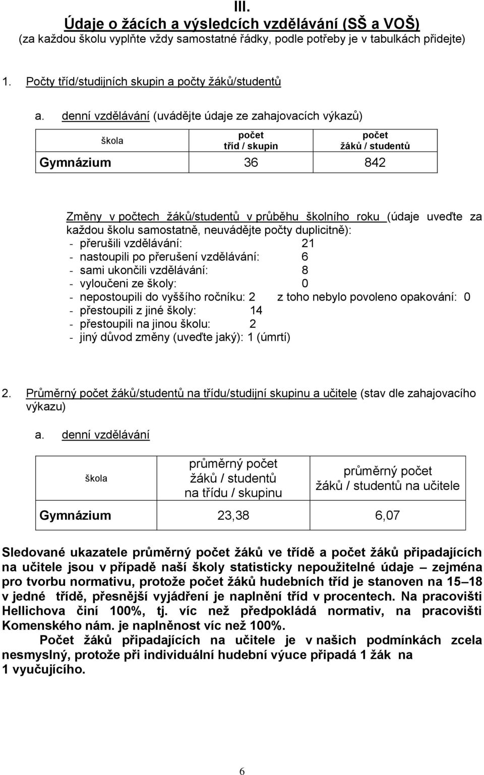 školu samostatně, neuvádějte počty duplicitně): - přerušili vzdělávání: 21 - nastoupili po přerušení vzdělávání: 6 - sami ukončili vzdělávání: 8 - vyloučeni ze školy: 0 - nepostoupili do vyššího