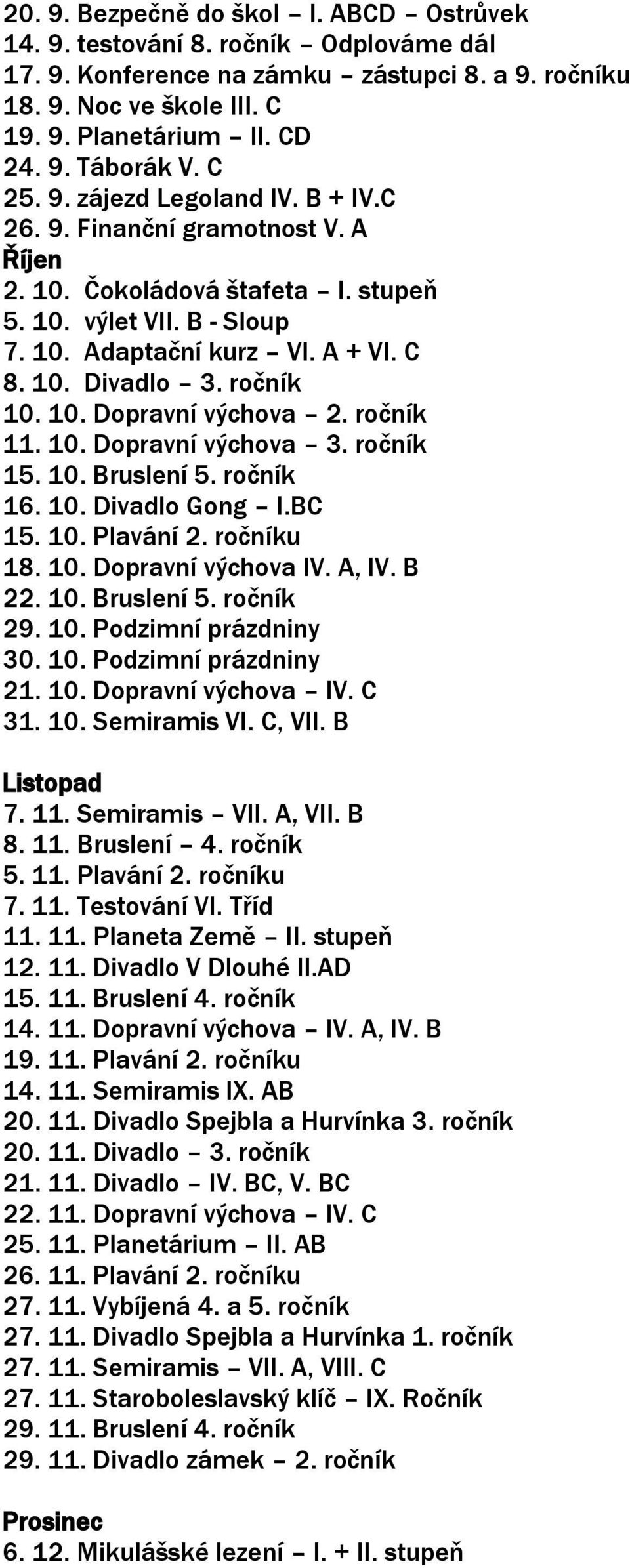 ročník 10. 10. Dopravní výchova 2. ročník 11. 10. Dopravní výchova 3. ročník 15. 10. Bruslení 5. ročník 16. 10. Divadlo Gong I.BC 15. 10. Plavání 2. ročníku 18. 10. Dopravní výchova IV. A, IV. B 22.