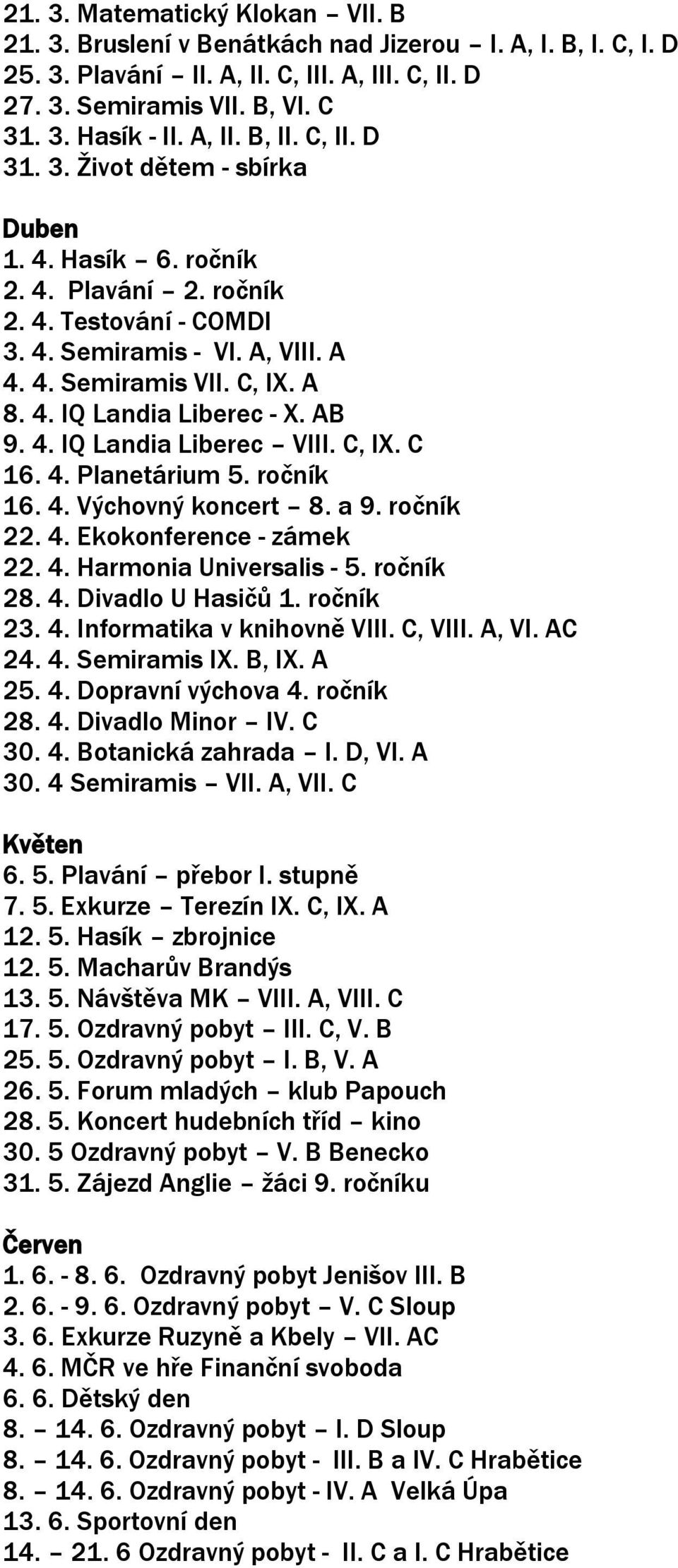 AB 9. 4. IQ Landia Liberec VIII. C, IX. C 16. 4. Planetárium 5. ročník 16. 4. Výchovný koncert 8. a 9. ročník 22. 4. Ekokonference - zámek 22. 4. Harmonia Universalis - 5. ročník 28. 4. Divadlo U Hasičů 1.