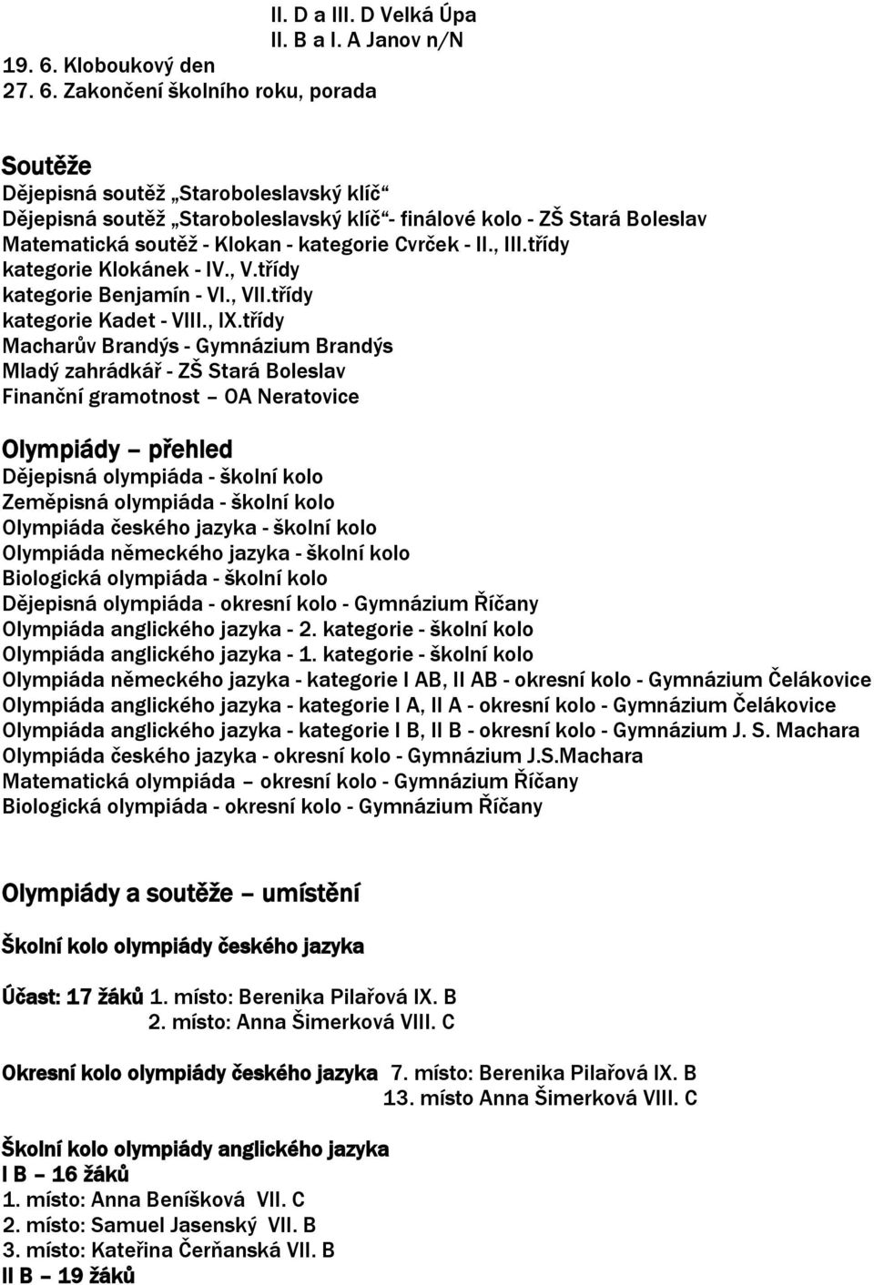 Zakončení školního roku, porada Soutěže Dějepisná soutěž Staroboleslavský klíč Dějepisná soutěž Staroboleslavský klíč - finálové kolo - ZŠ Stará Boleslav Matematická soutěž - Klokan - kategorie