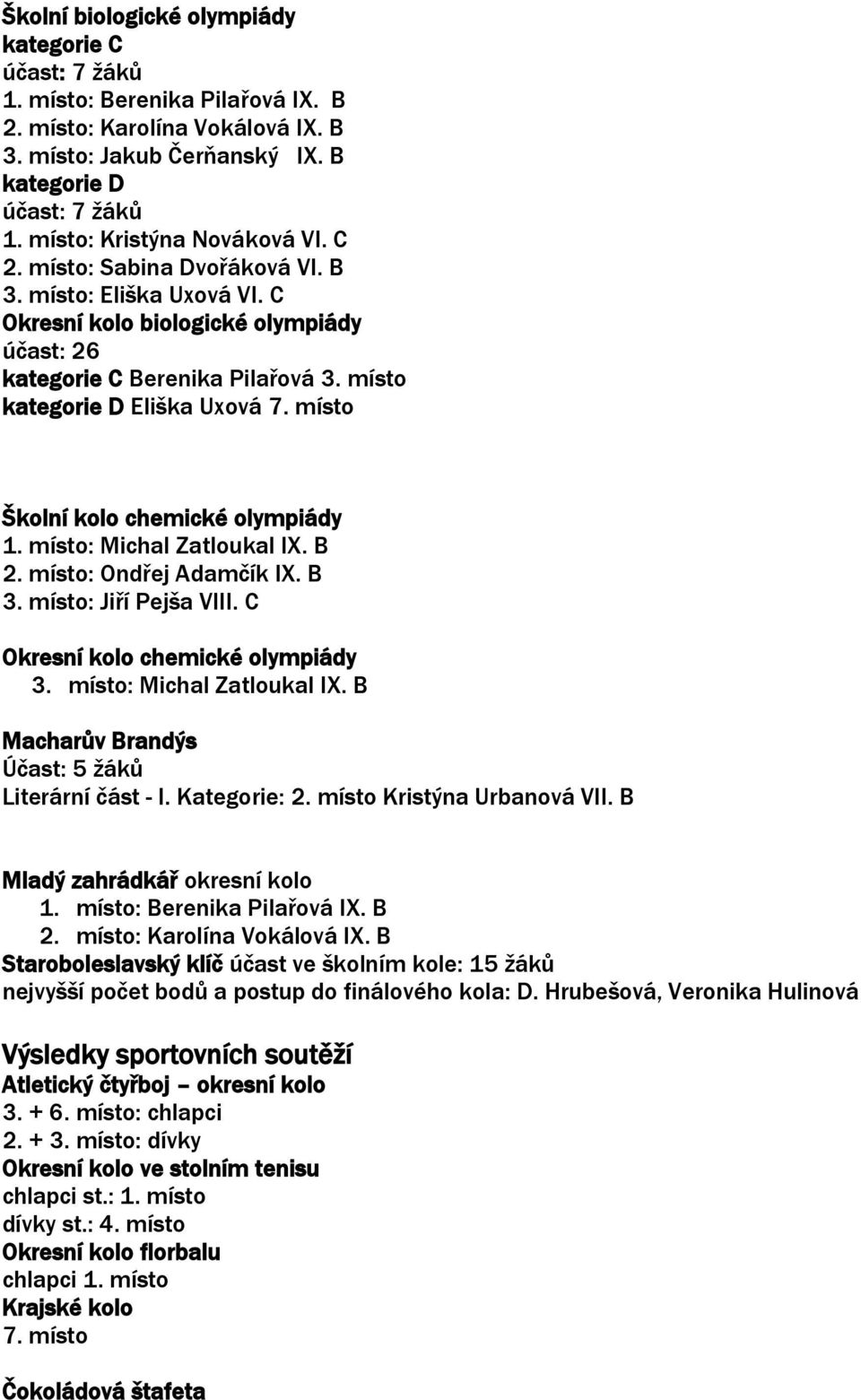 místo kategorie D Eliška Uxová 7. místo Školní kolo chemické olympiády 1. místo: Michal Zatloukal IX. B 2. místo: Ondřej Adamčík IX. B 3. místo: Jiří Pejša VIII. C Okresní kolo chemické olympiády 3.