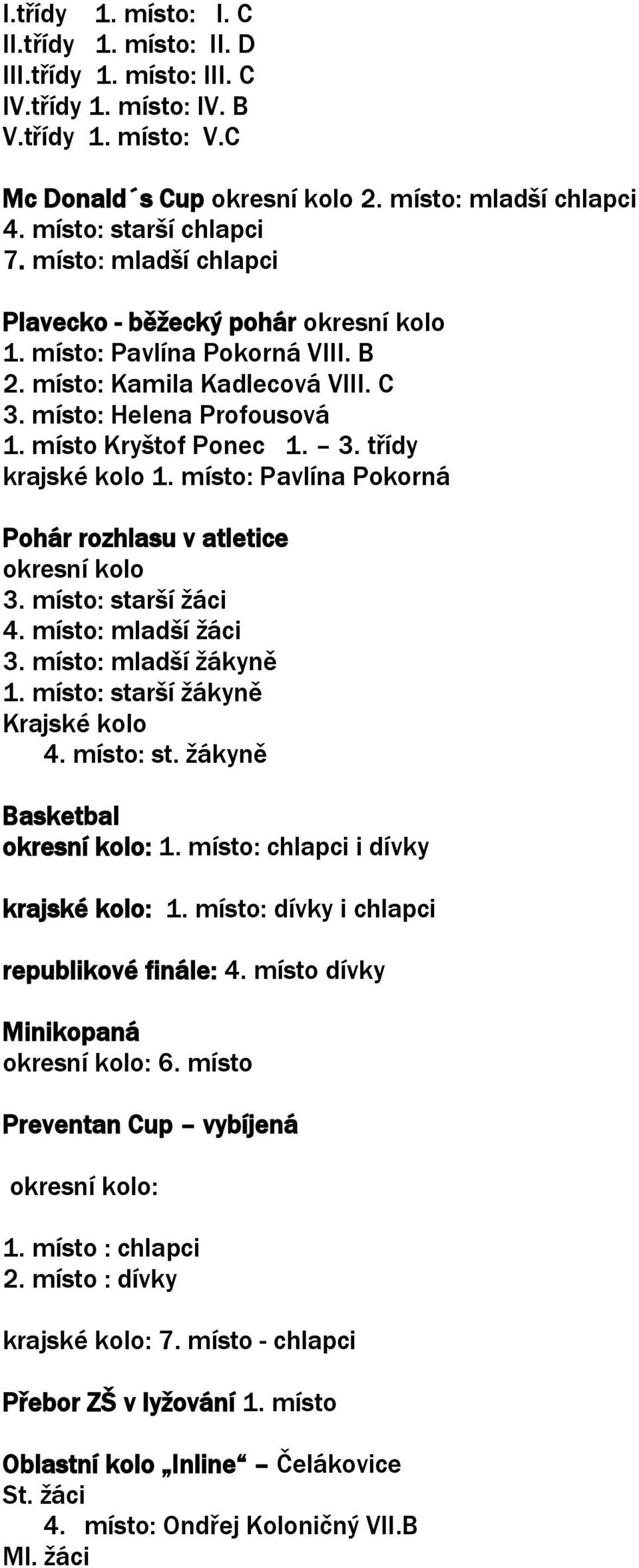 místo Kryštof Ponec 1. 3. třídy krajské kolo 1. místo: Pavlína Pokorná Pohár rozhlasu v atletice okresní kolo 3. místo: starší žáci 4. místo: mladší žáci 3. místo: mladší žákyně 1.