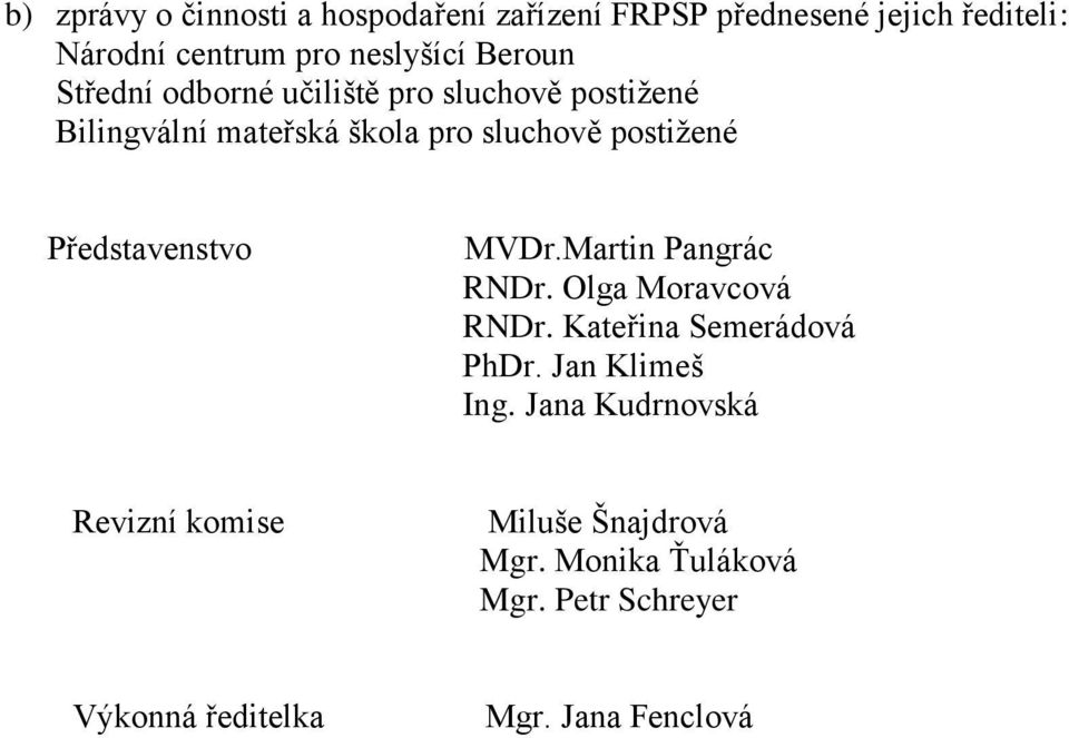 Představenstvo MVDr.Martin Pangrác RNDr. Olga Moravcová RNDr. Kateřina Semerádová PhDr. Jan Klimeš Ing.